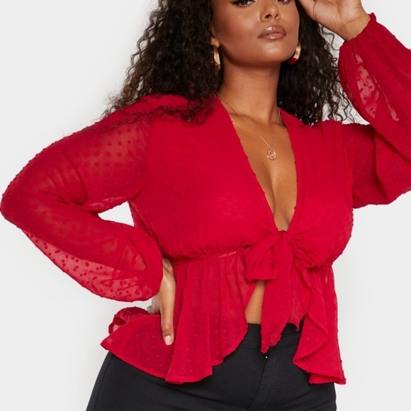 Pretty Little Thing Plus Scarlet Dobby Swiss Dot Chiffon Mesh Tie Front Blouse - Picture 1 of 15